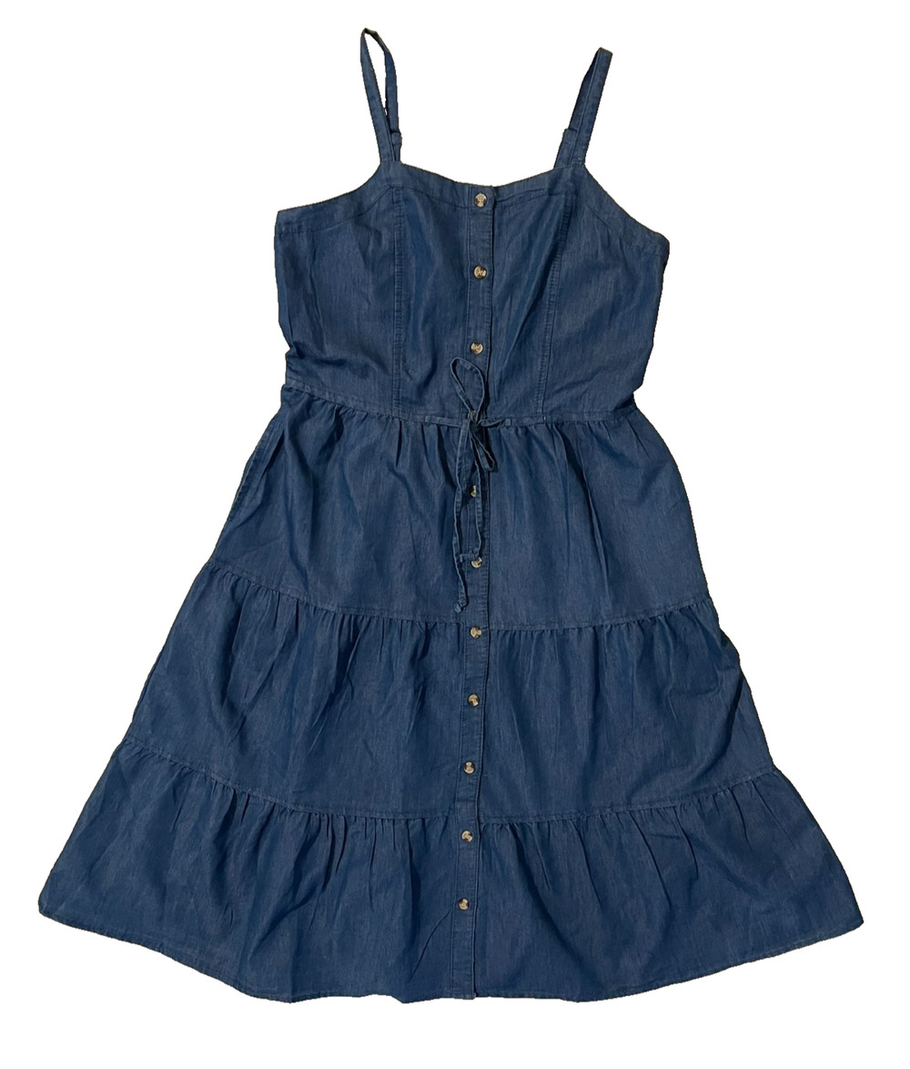 Denim Button Western Sz XL Cowgirl Smocked Tiered Dress Chambray Rodeo Sundress
